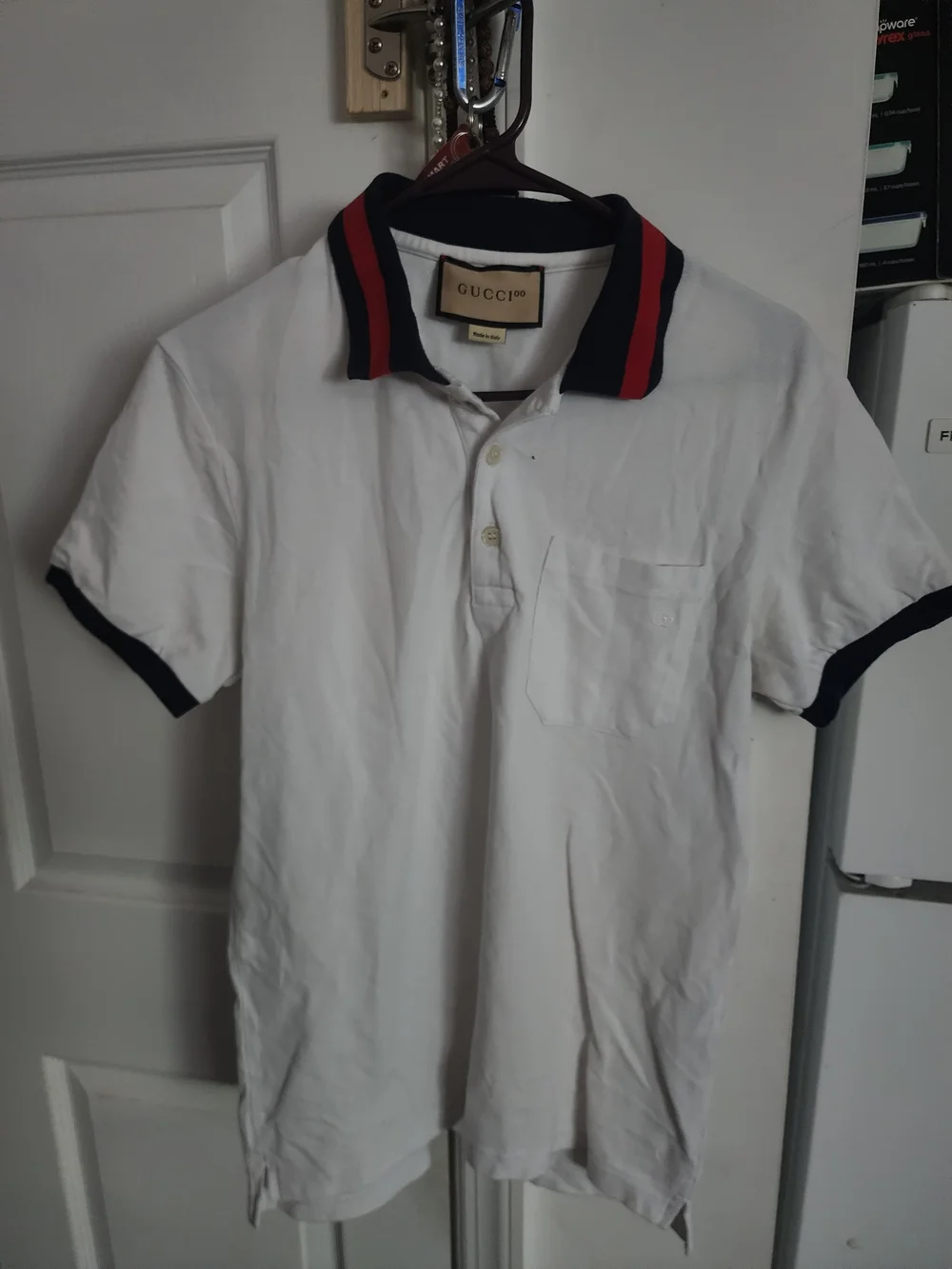 Gucci White Polo with Navy Collar and Red Stripes